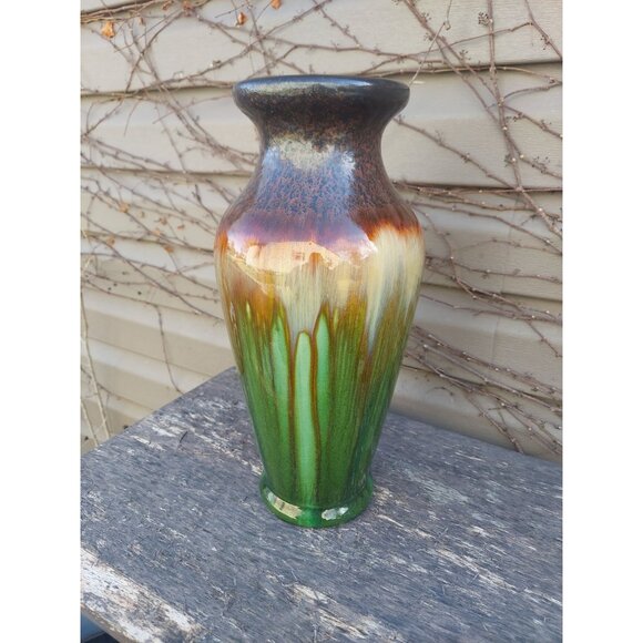 Handmade Hosley TM Potteries Green & Brown Gradient Glazed Ceramic Vase 14 3/4" - Picture 3 of 5